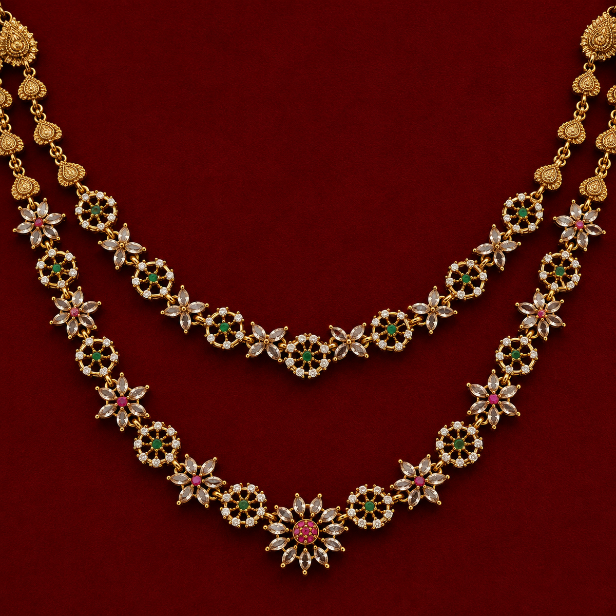 Floral Dual-Layer CZ Necklace Set