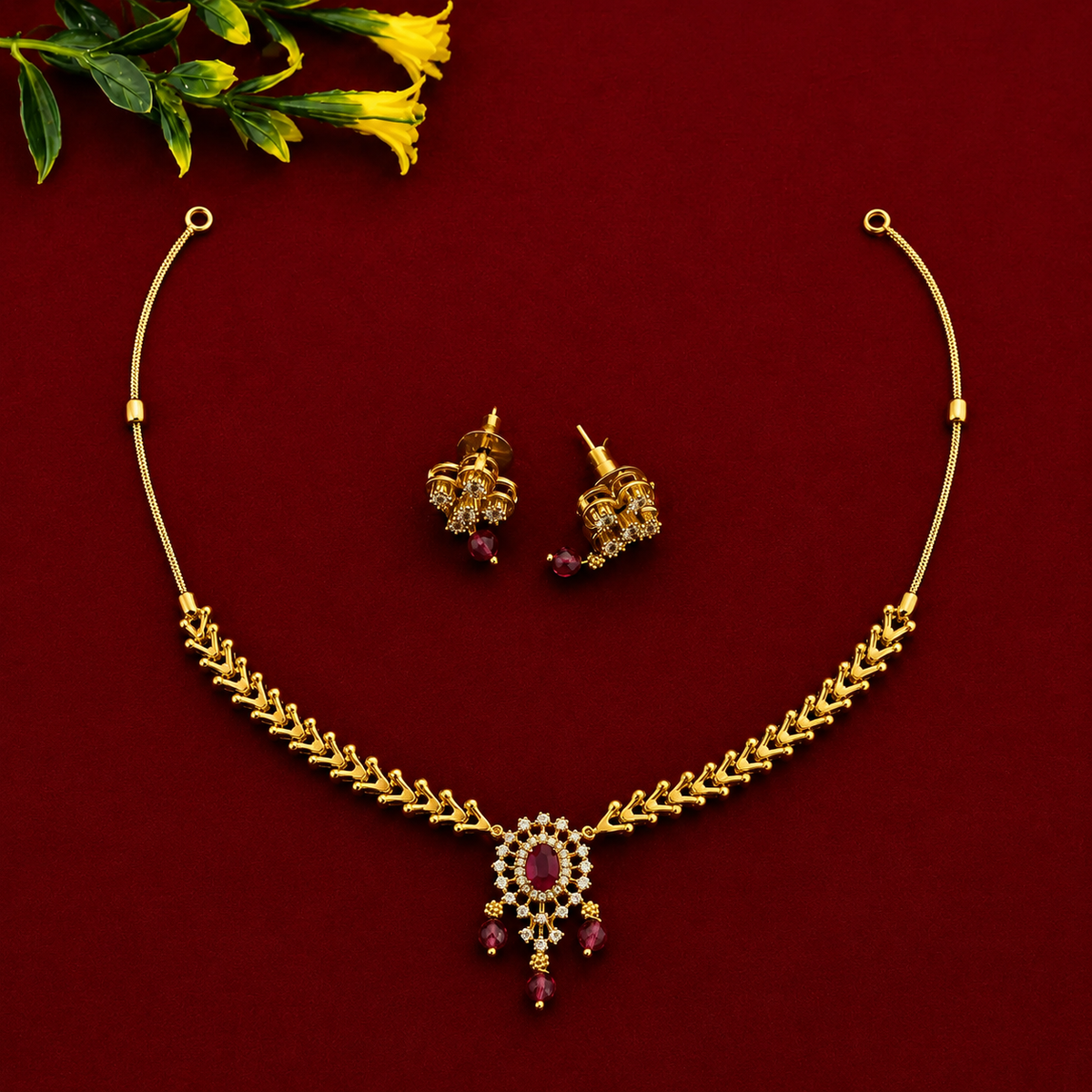 Ruby Leaf Pendant Necklace Set