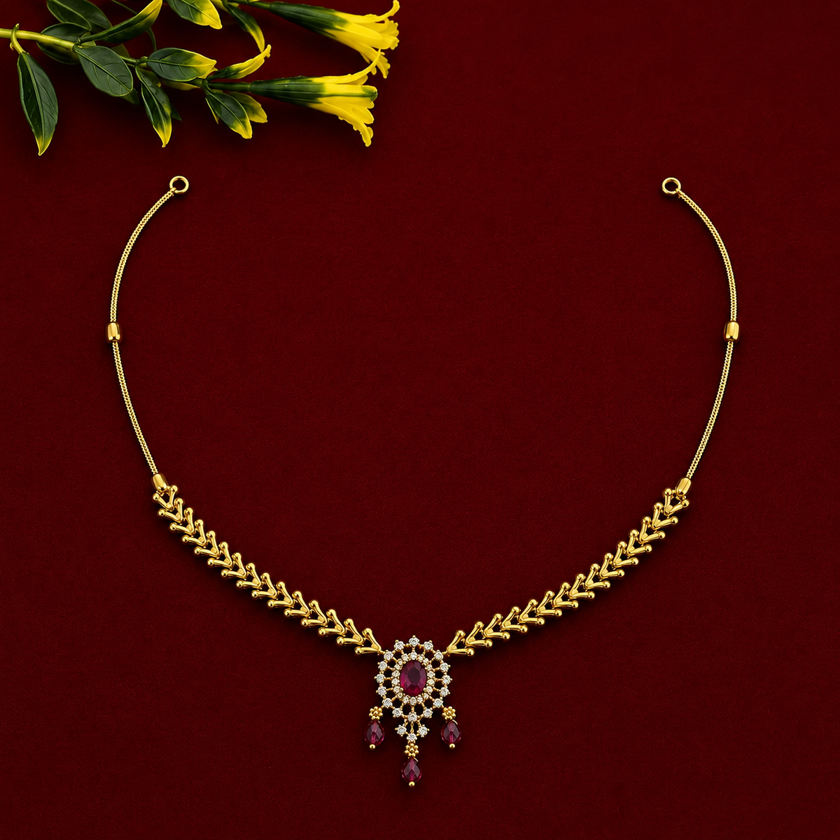 Ruby Leaf Pendant Necklace Set