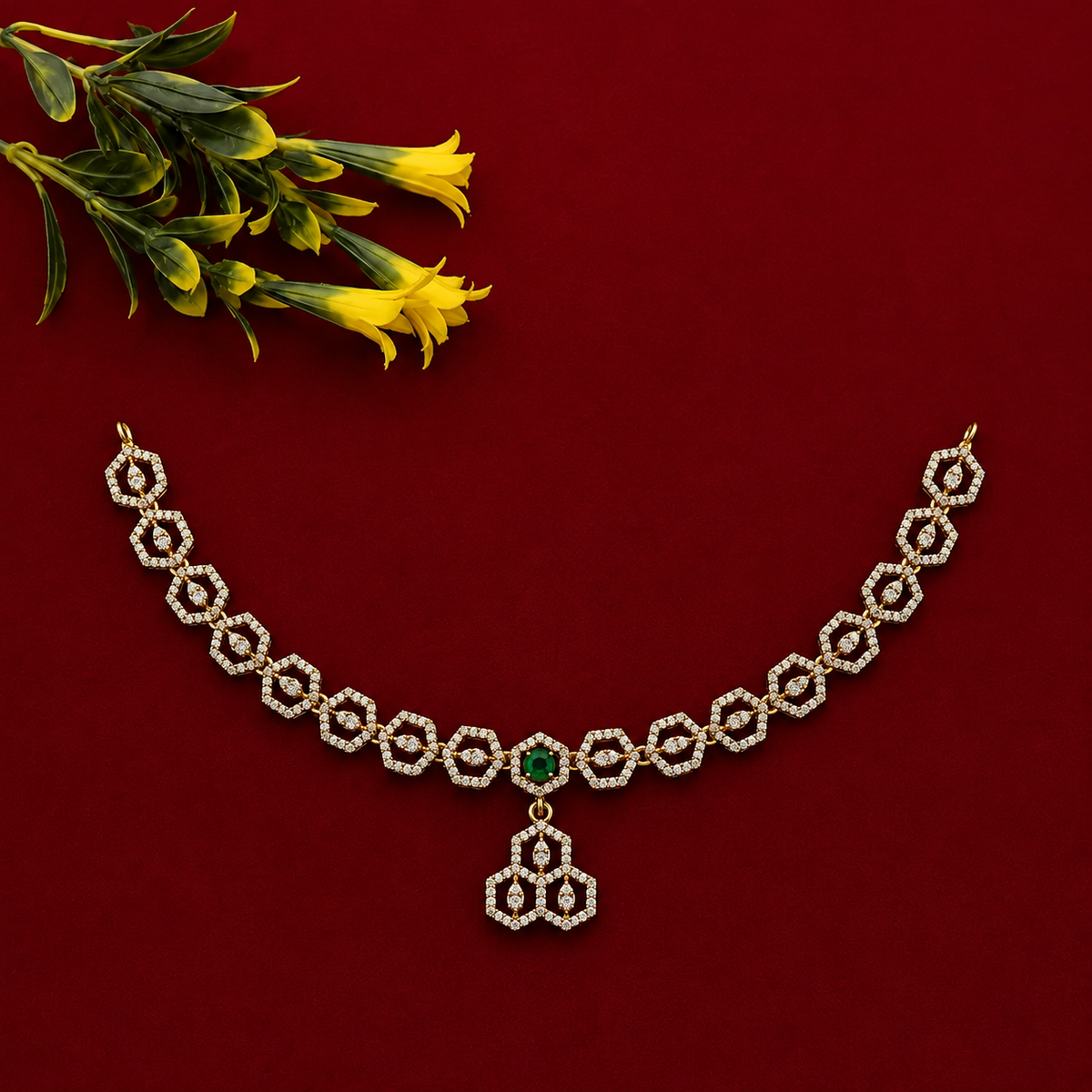 Hexagon CZ Green Stone Necklace Set