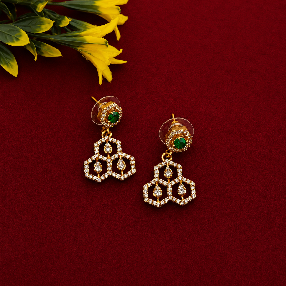 Hexagon CZ Green Stone Necklace Set