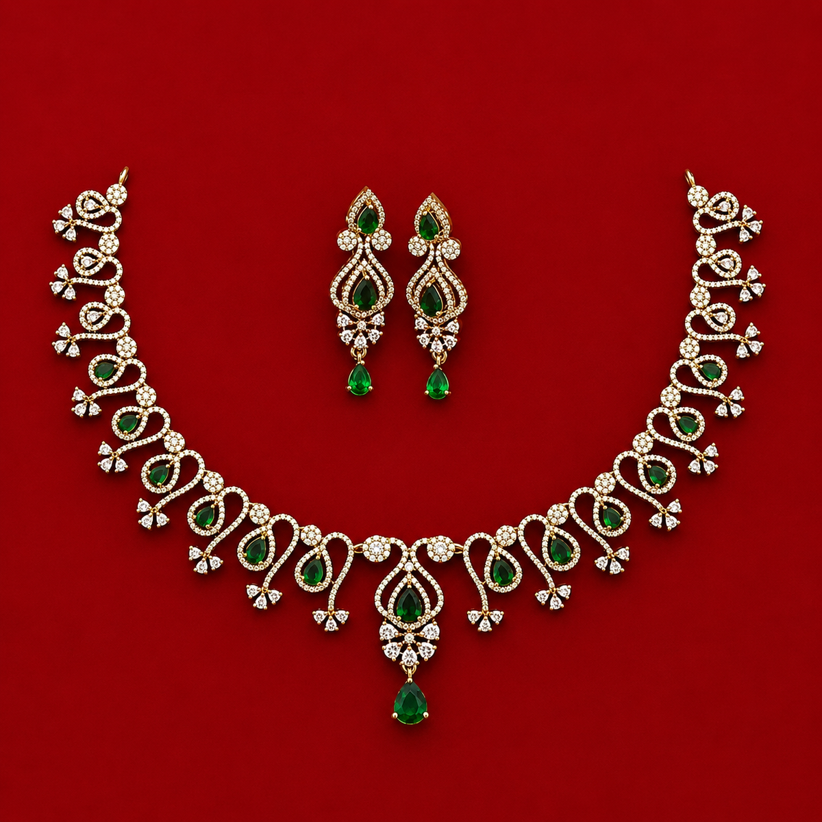 Emerald Leaf CZ Necklace Set