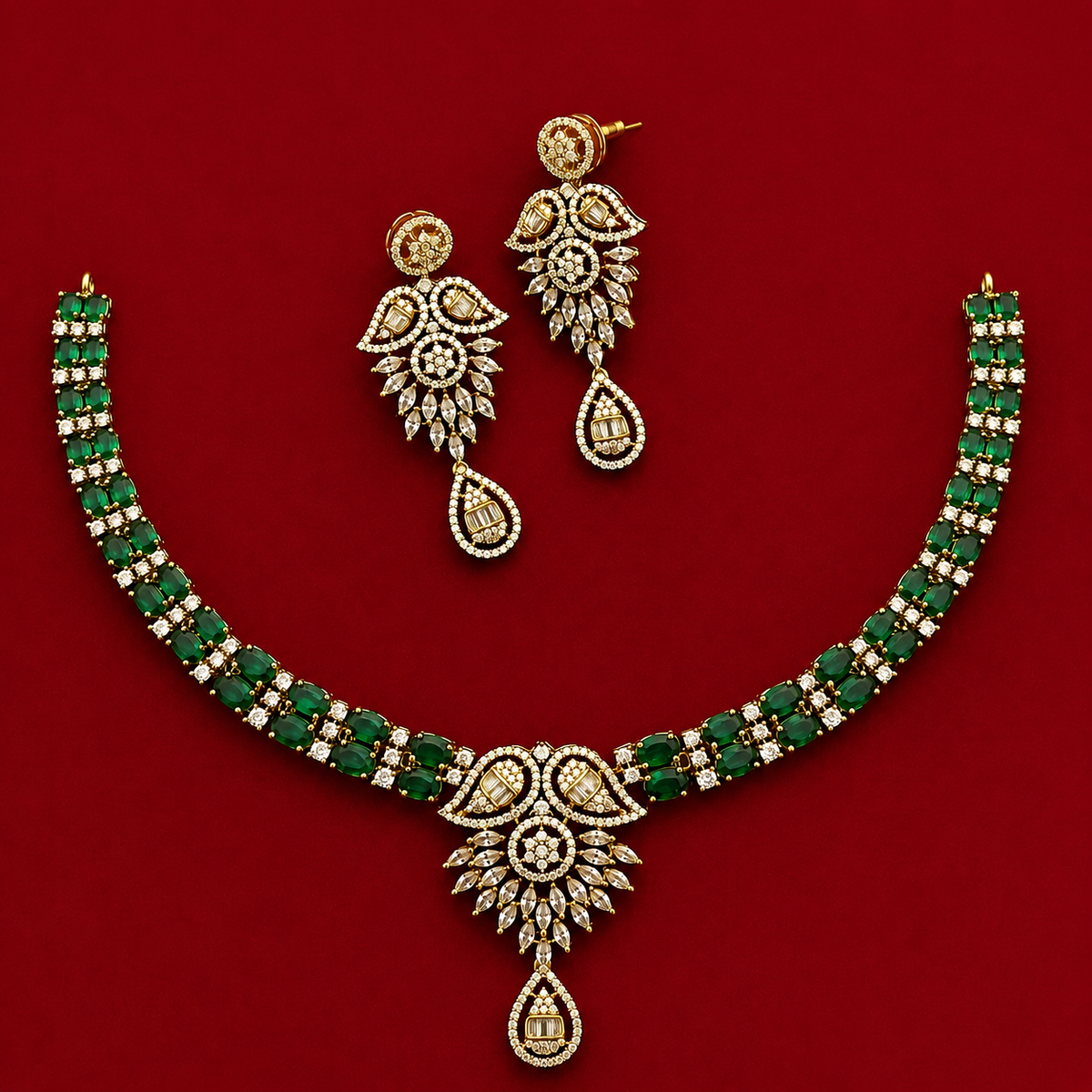 Emerald Floral Designer Necklace Set