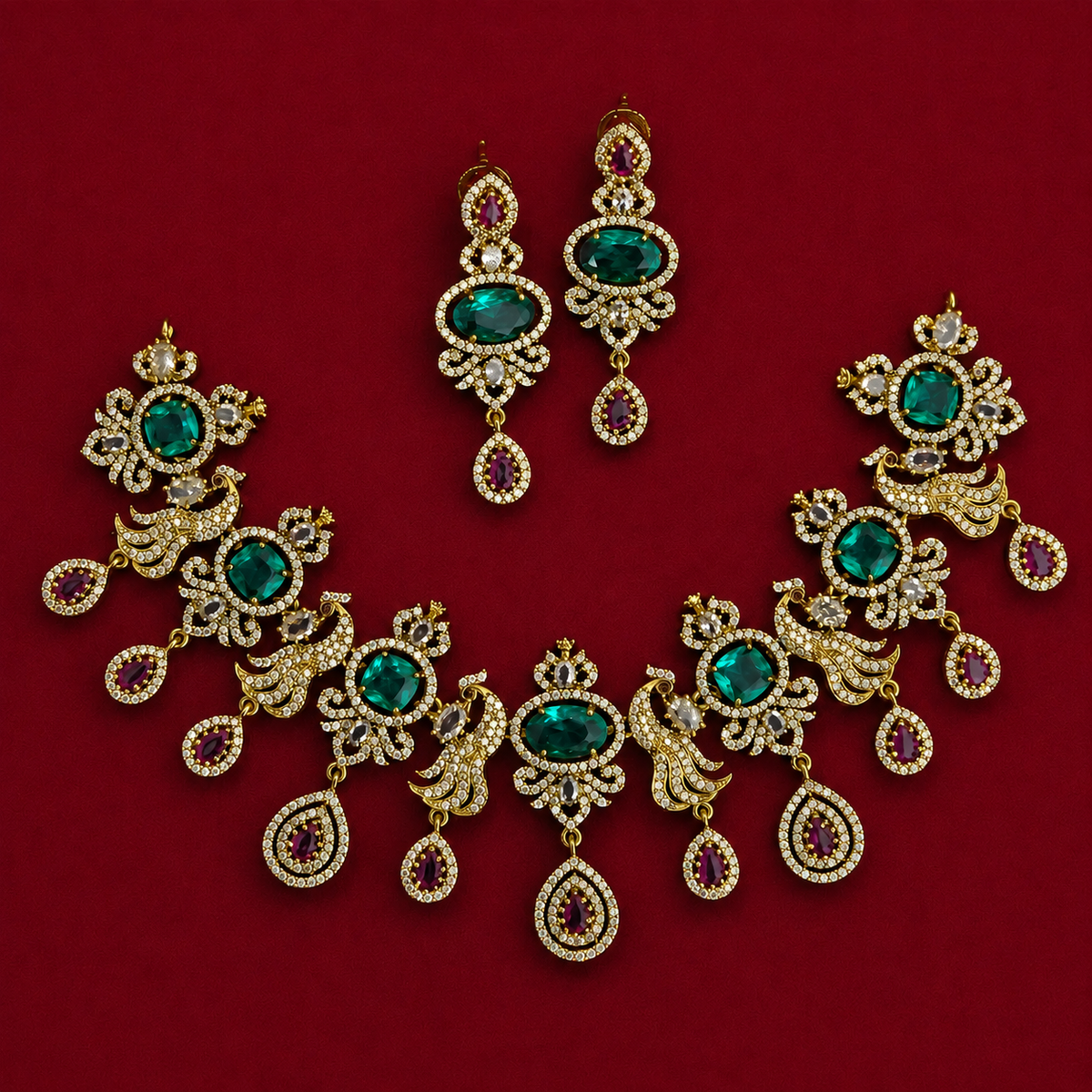 Emerald Peacock CZ Necklace Set