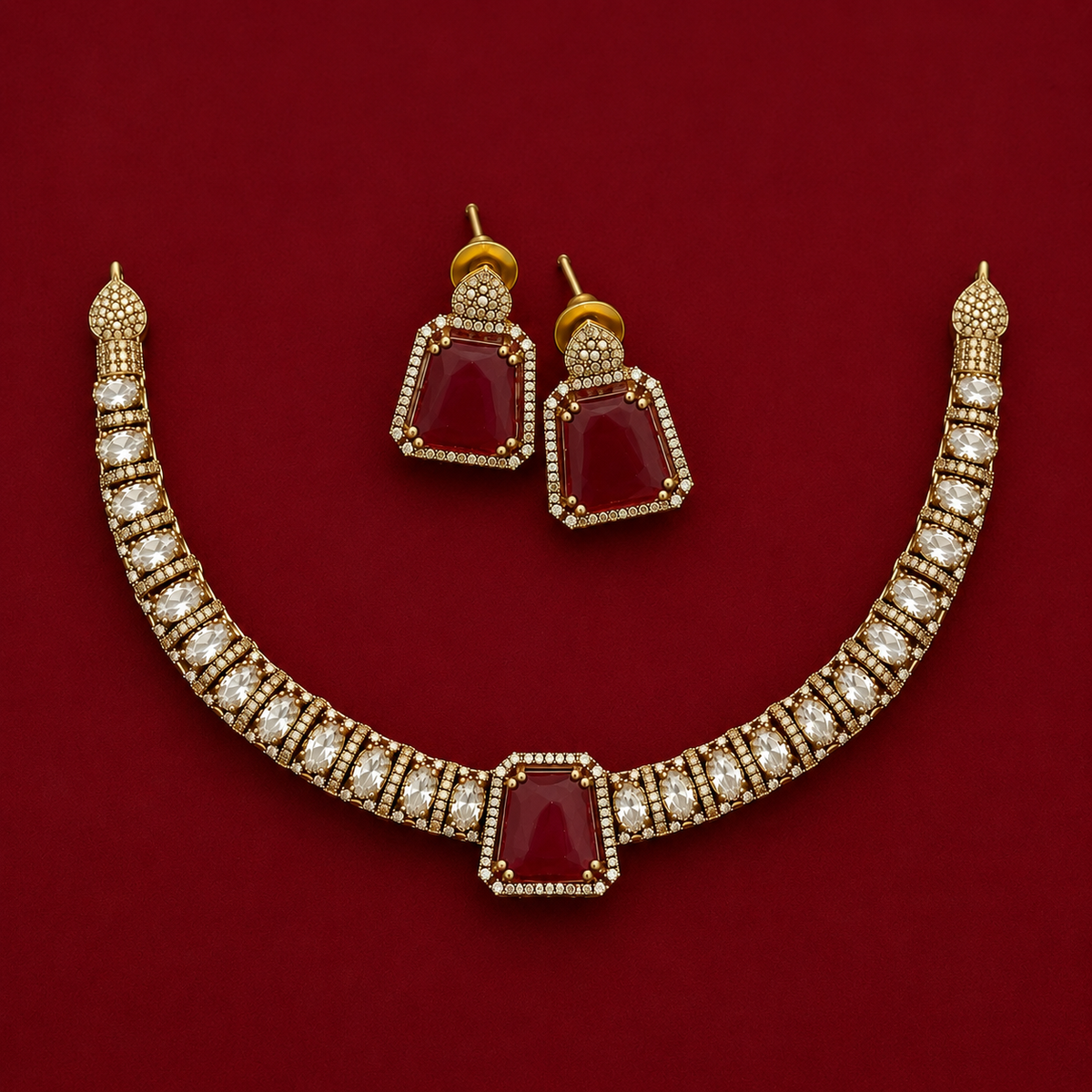 Ruby Red CZ Choker Necklace Set