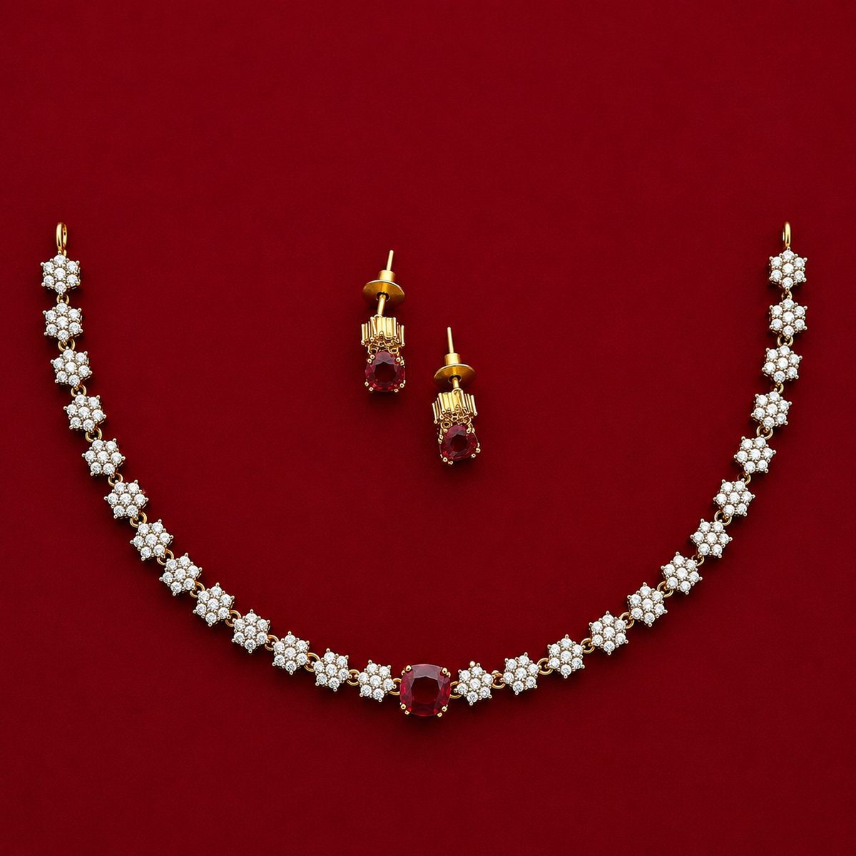 Ruby CZ Floral Necklace Set