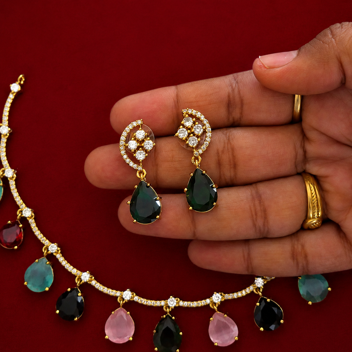 Rainbow Dewdrop CZ Necklace Set