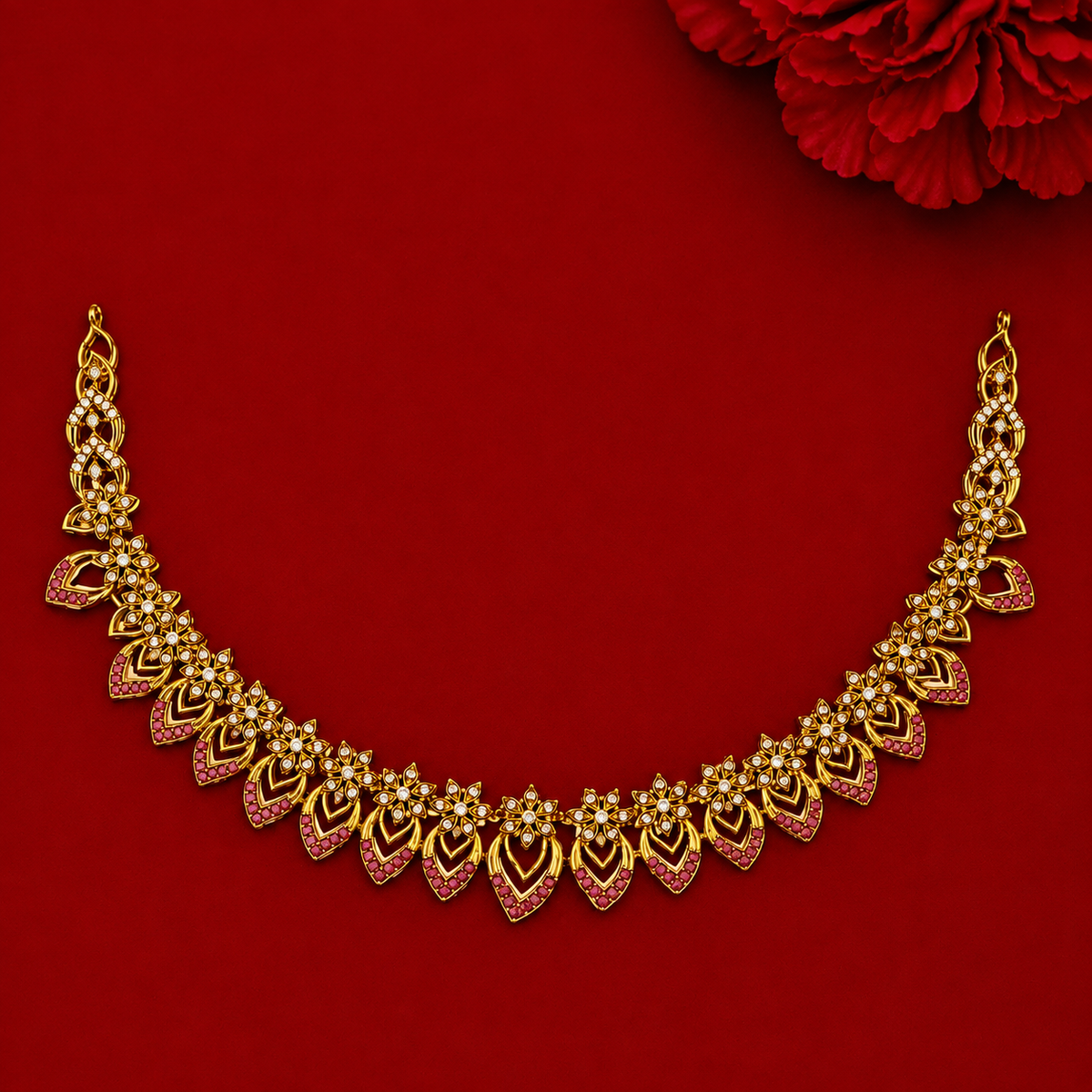Ruby CZ Floral Leaf Necklace Set
