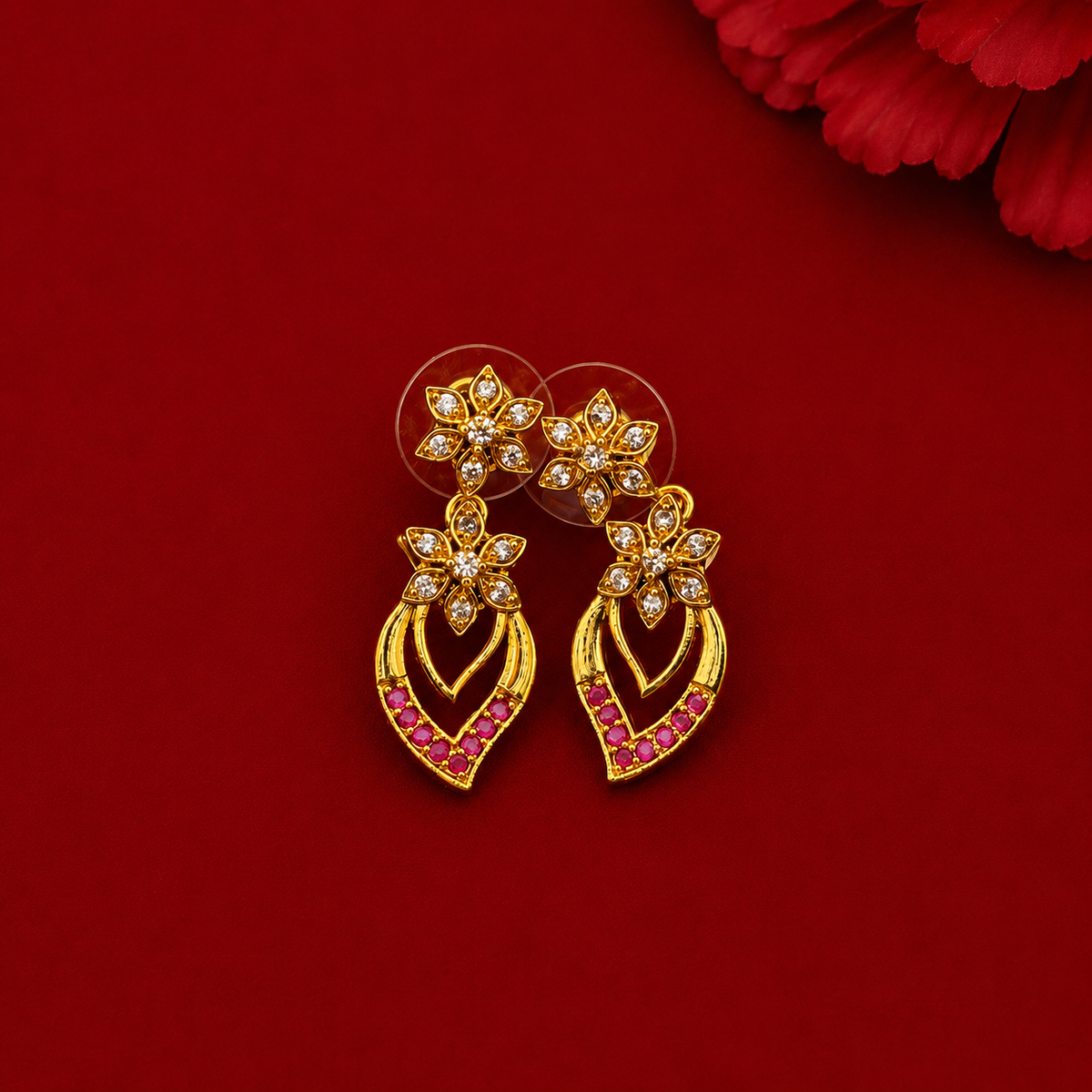 Ruby CZ Floral Leaf Necklace Set