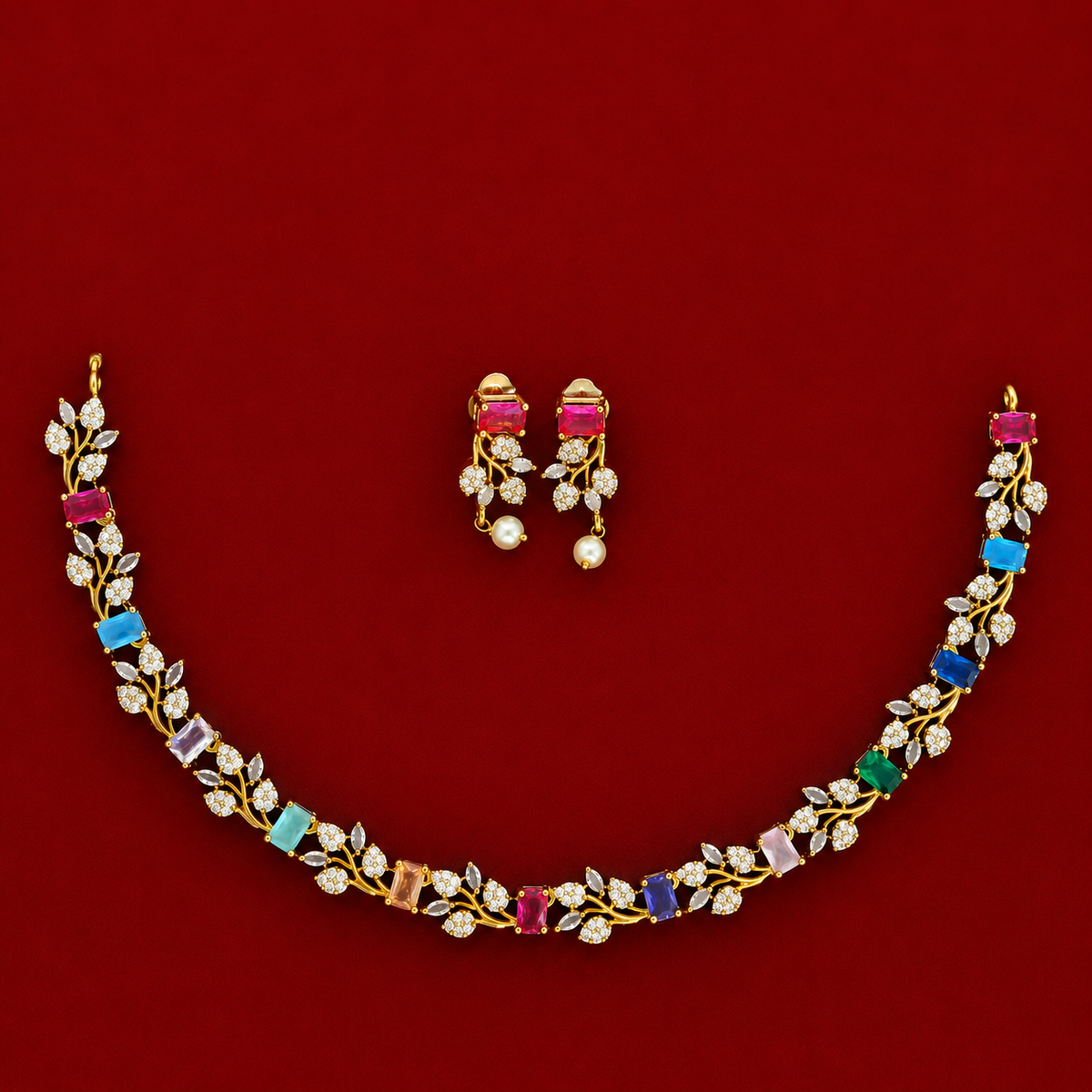 Rainbow Blossom CZ Necklace Set