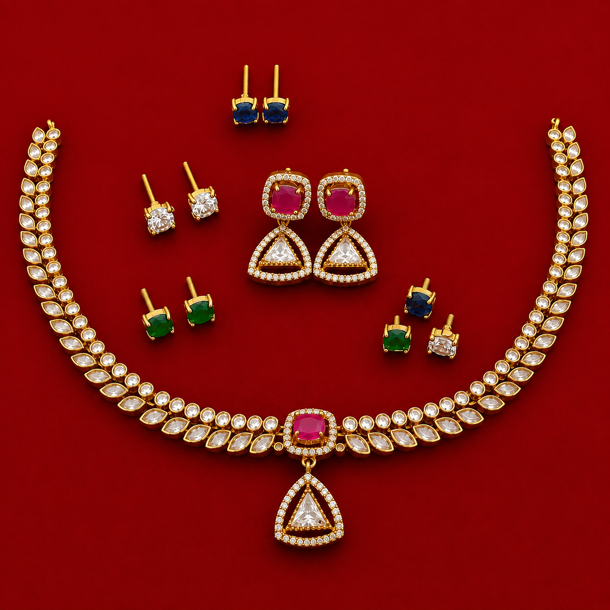 Ruby Triangle CZ Necklace Set
