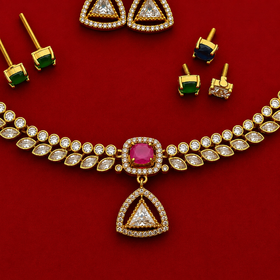 Ruby Triangle CZ Necklace Set
