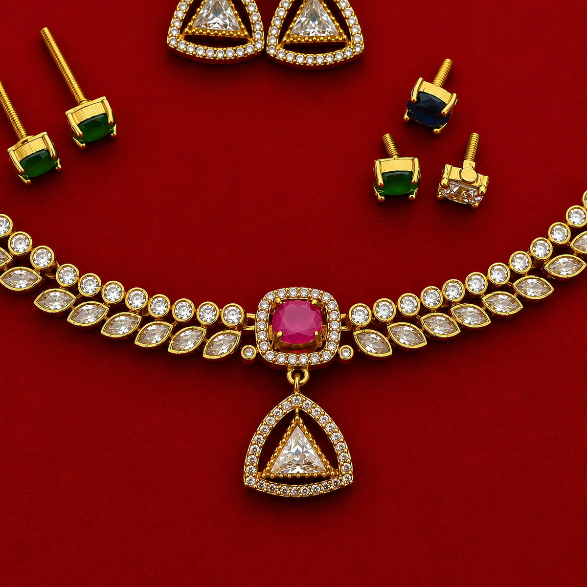 Ruby Triangle CZ Necklace Set
