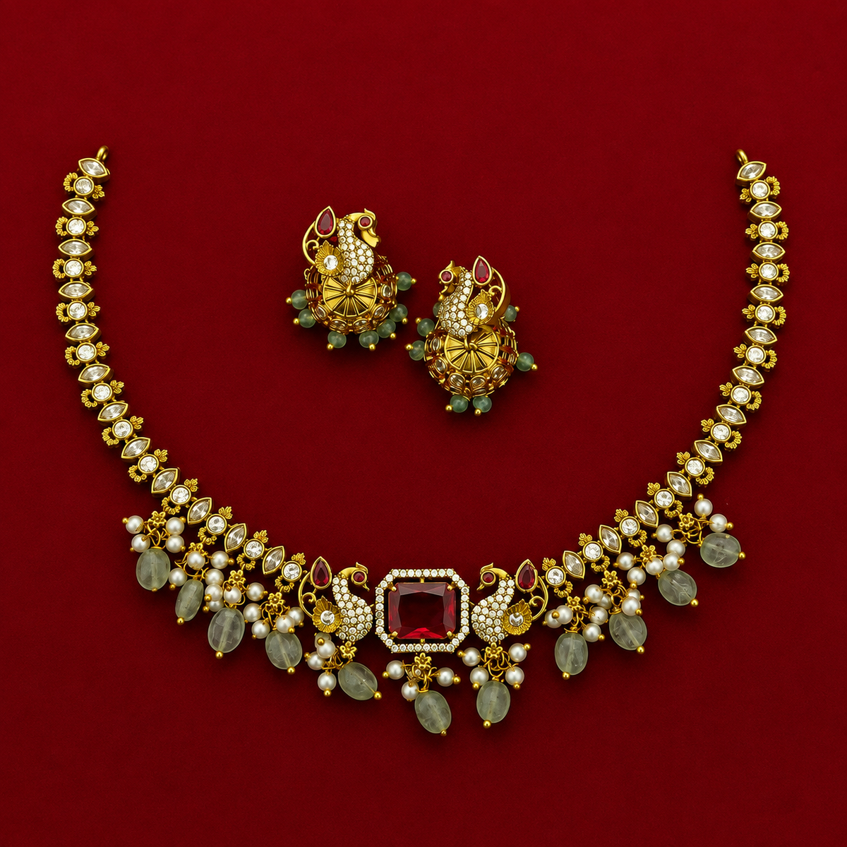 Peacock Kundan Ruby CZ Choker Set