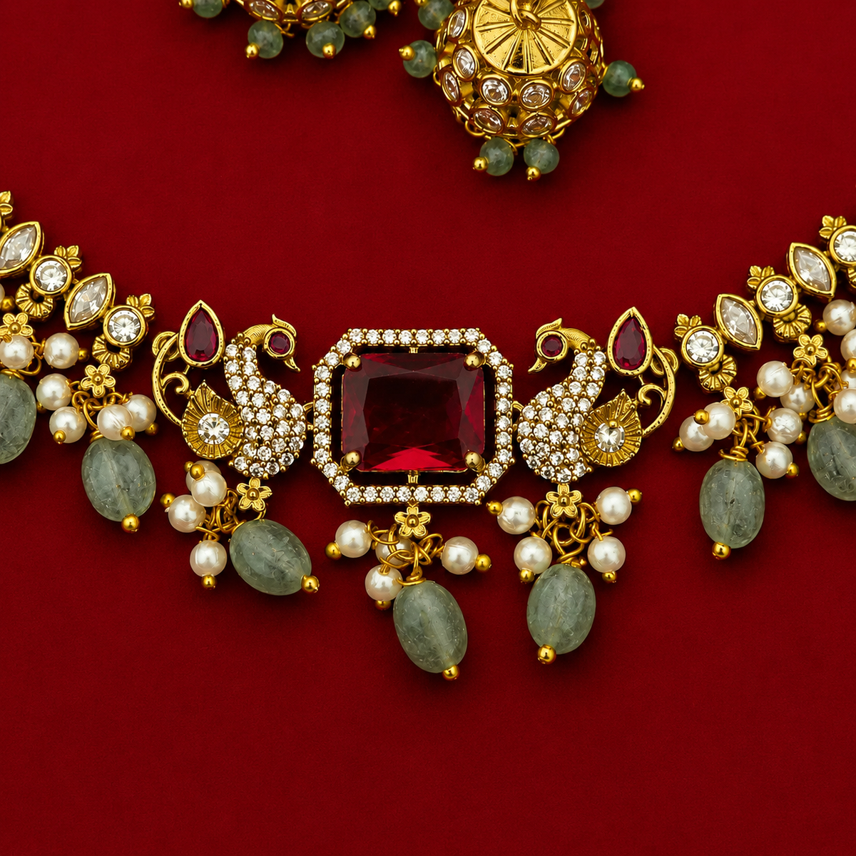 Peacock Kundan Ruby CZ Choker Set