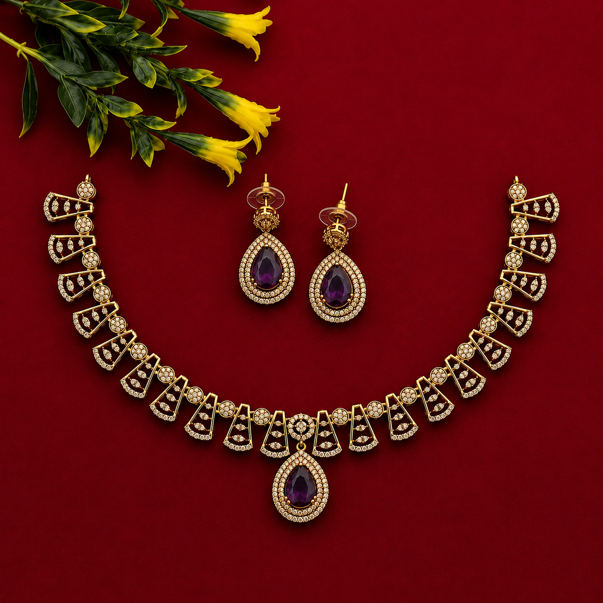 Purple Teardrop CZ Necklace Set