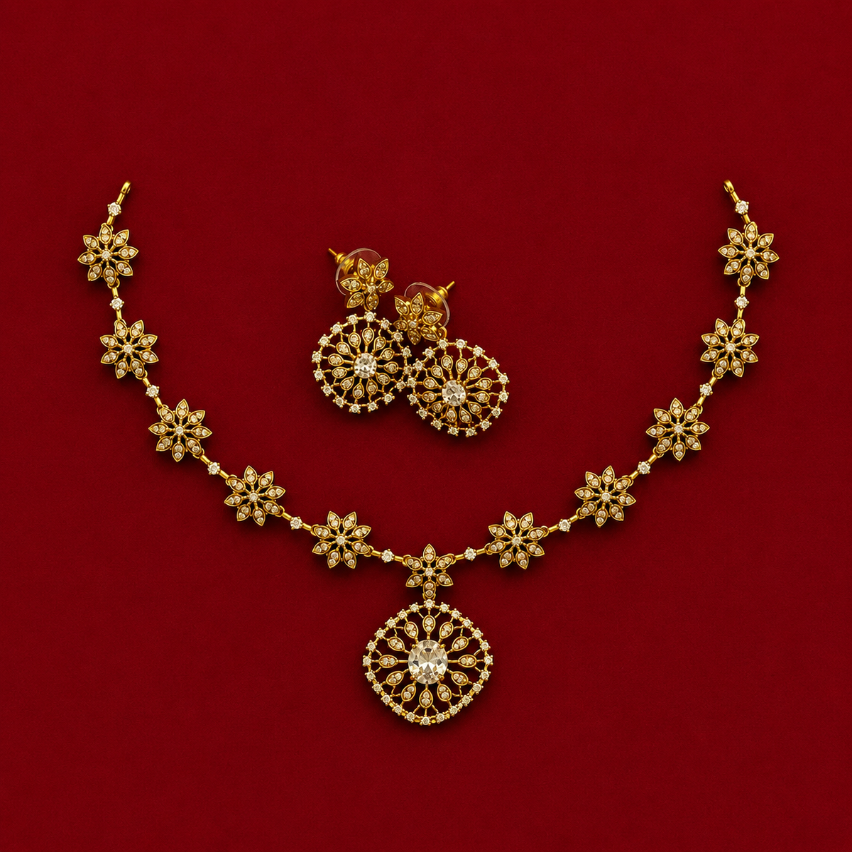 Floral CZ Crystal Pendant Necklace Set