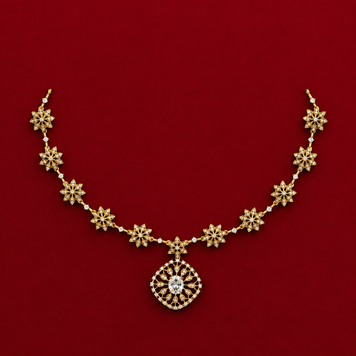 Floral CZ Crystal Pendant Necklace Set