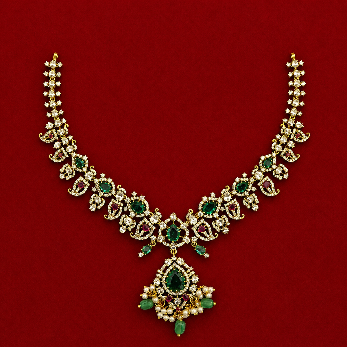 Emerald Pearl CZ Necklace Set