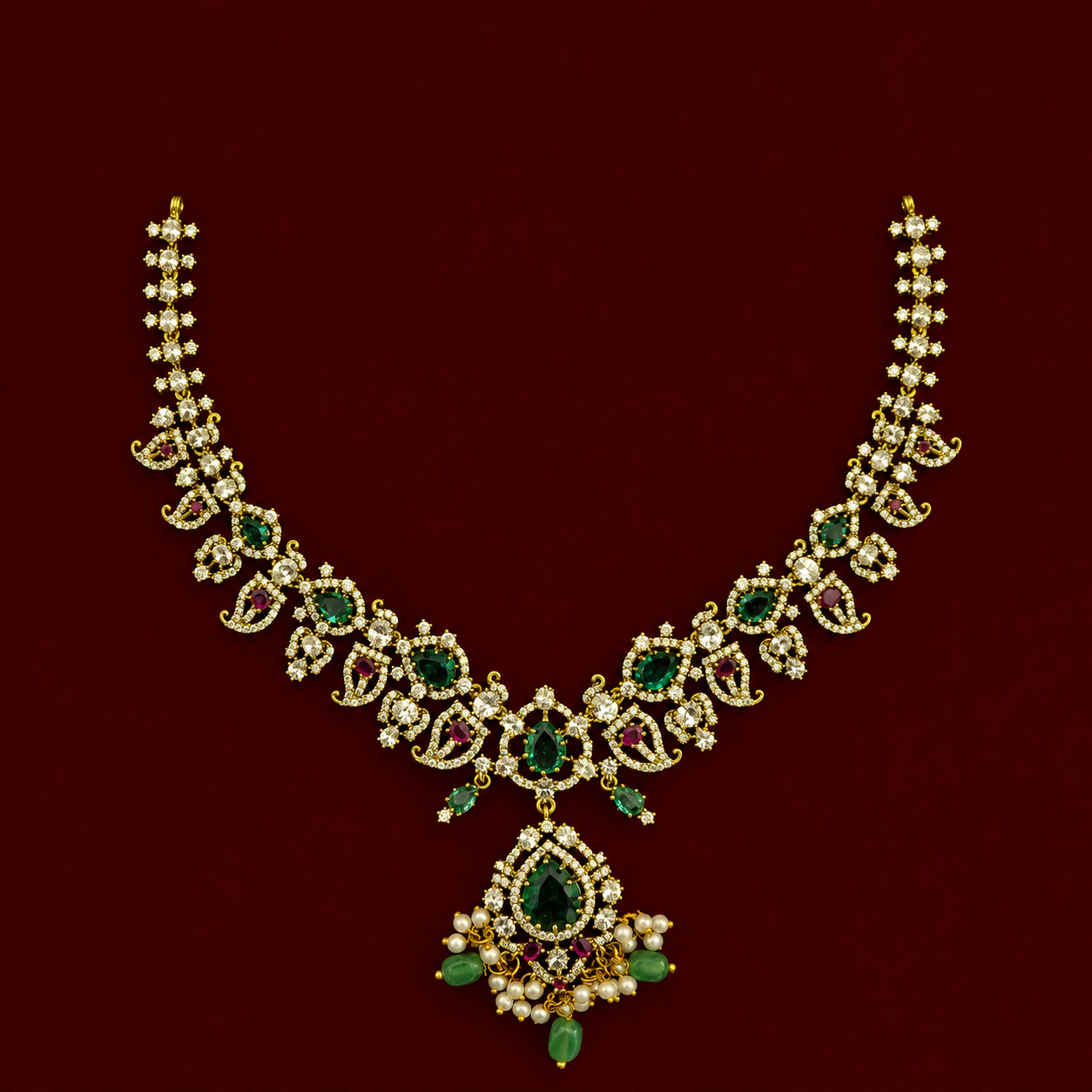 Emerald Pearl CZ Necklace Set