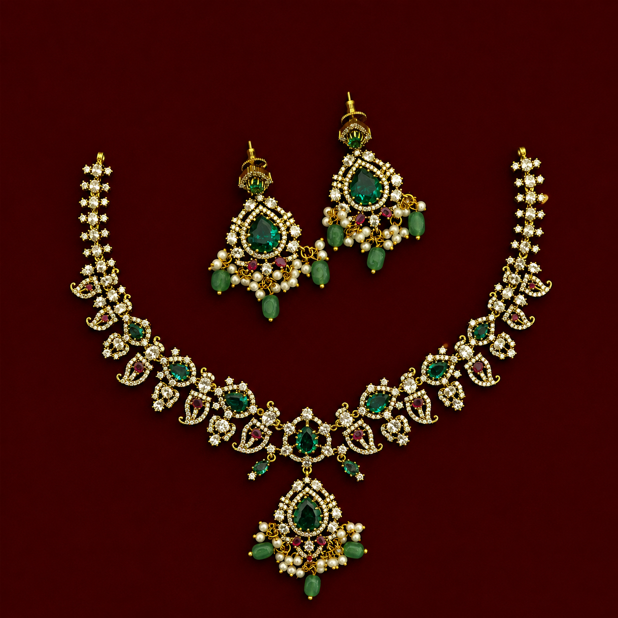 Emerald Pearl CZ Necklace Set