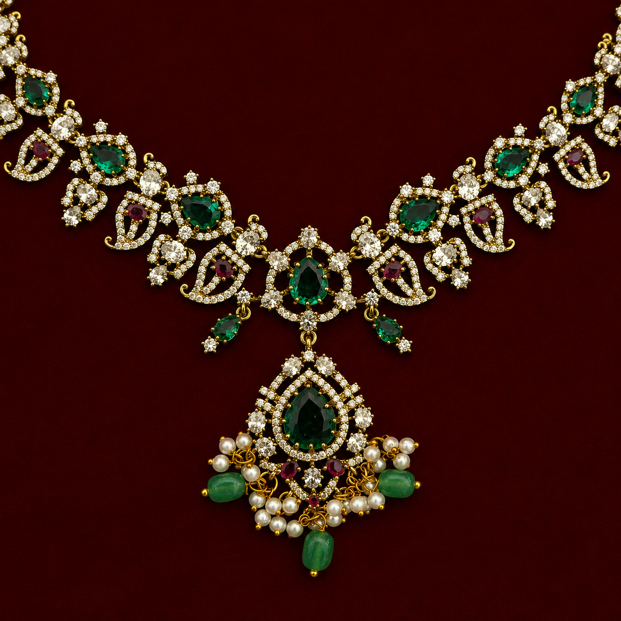 Emerald Pearl CZ Necklace Set