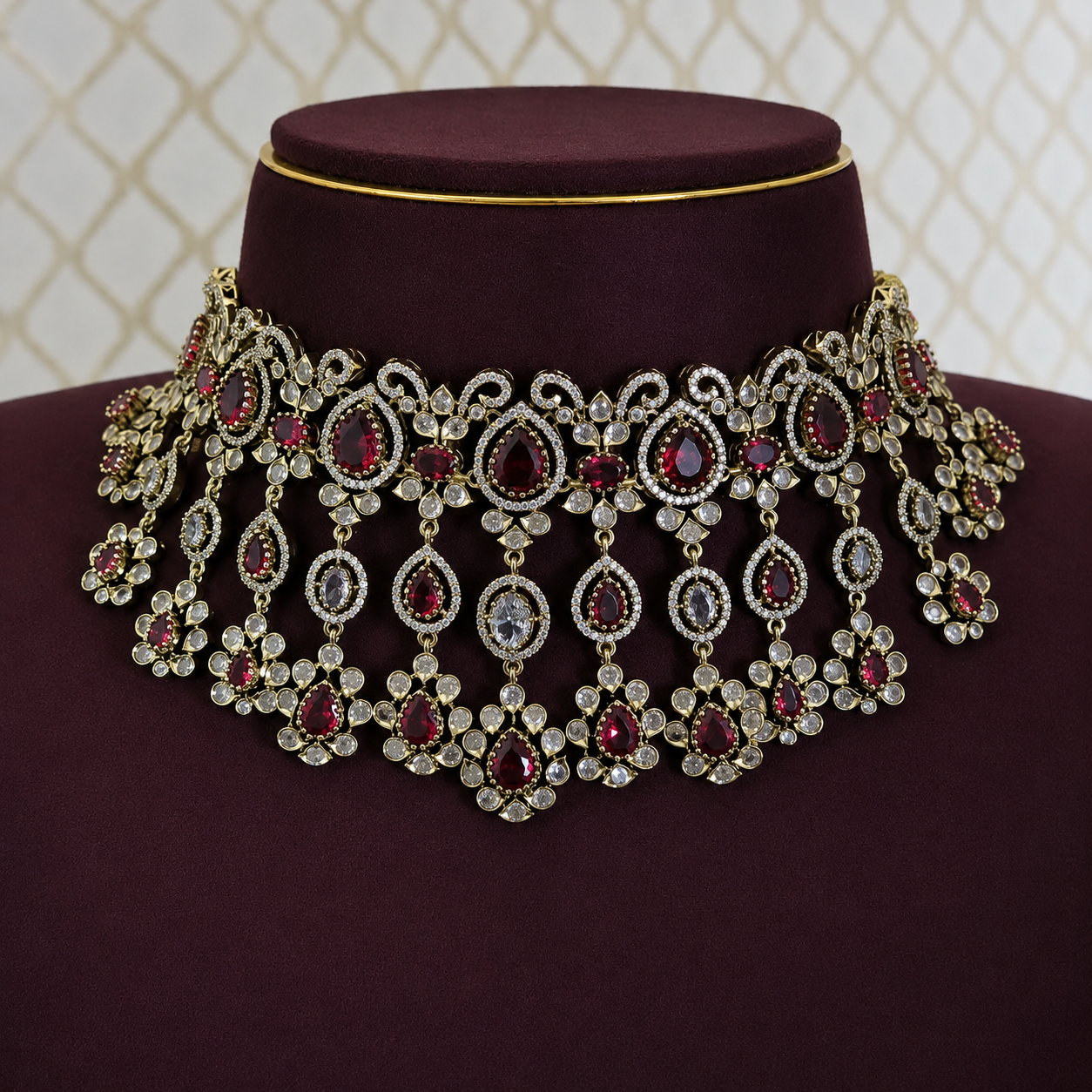 Blush Red Victorian Kundan Bridal Choker Set