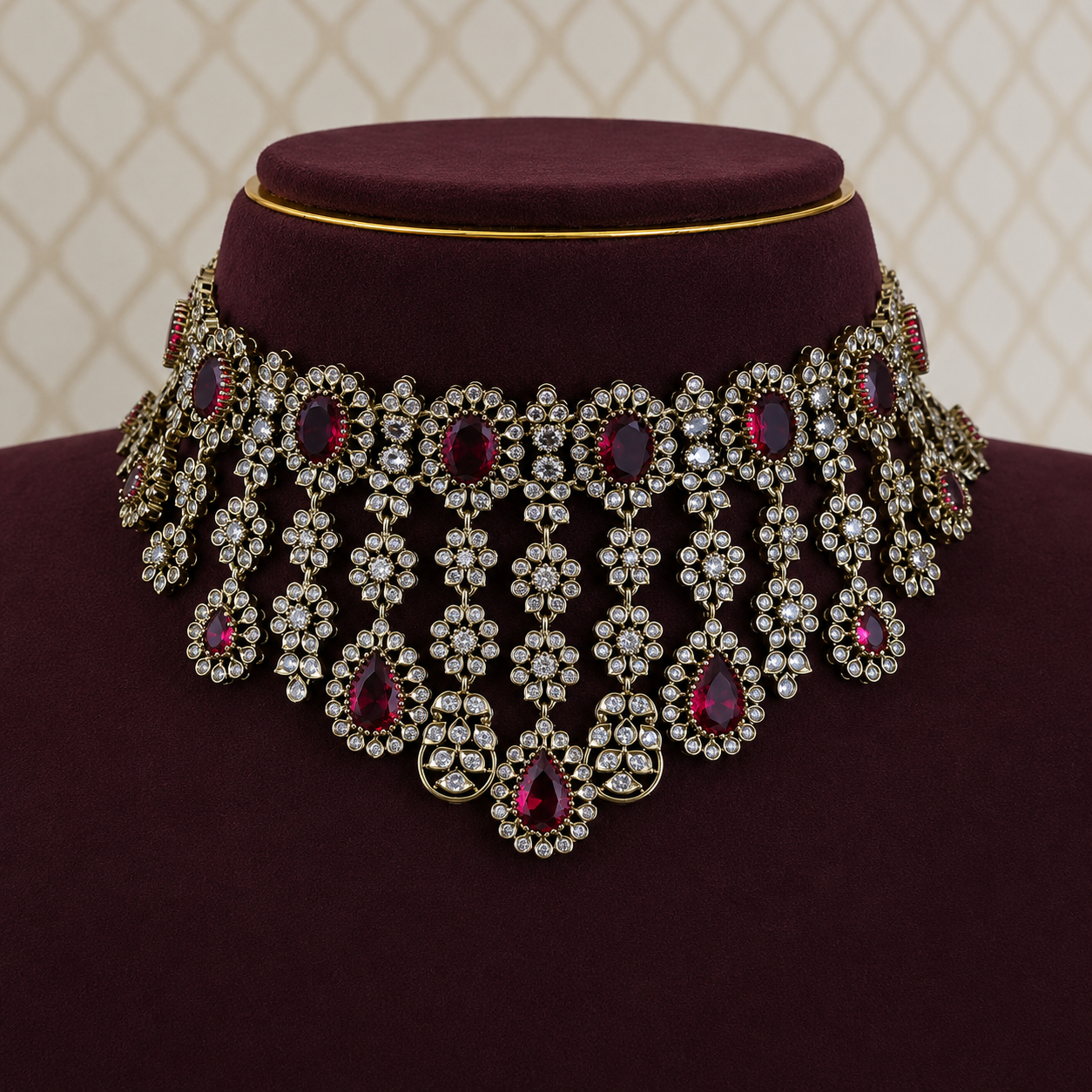 Ruby Red Victorian Kundan Bridal Choker Set