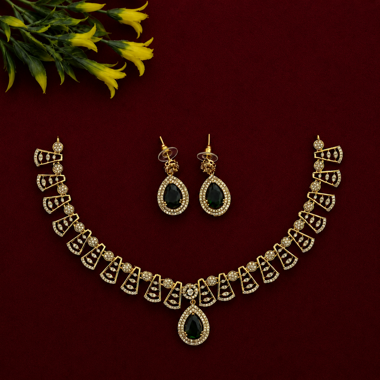 Green Teardrop CZ Necklace Set