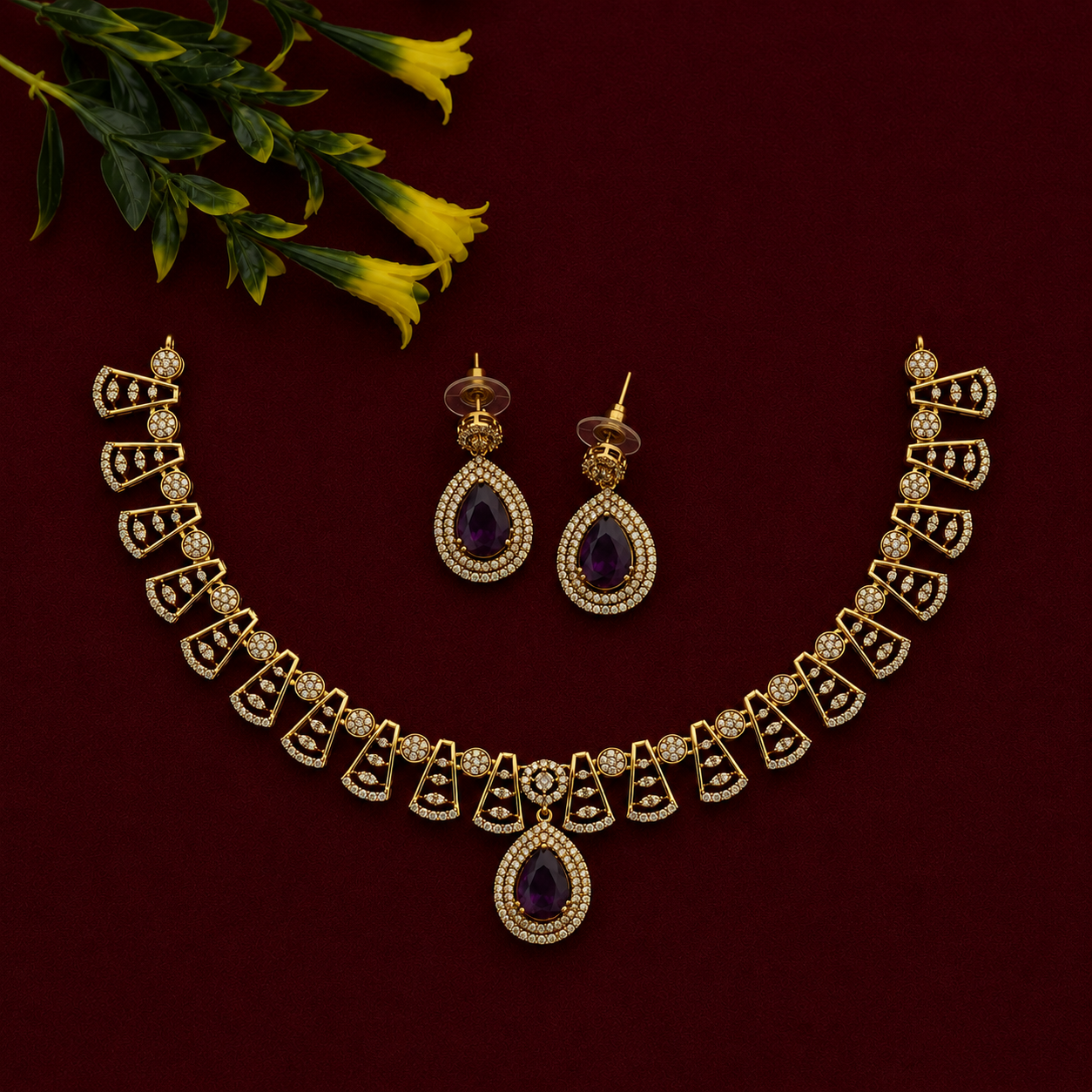 Purple Teardrop CZ Necklace Set