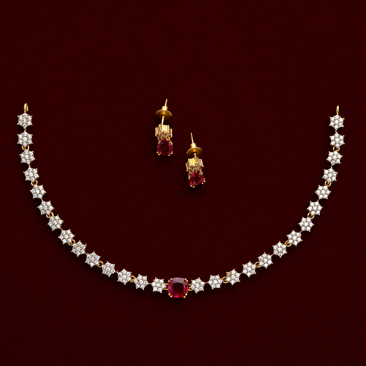 Ruby CZ Floral Necklace Set
