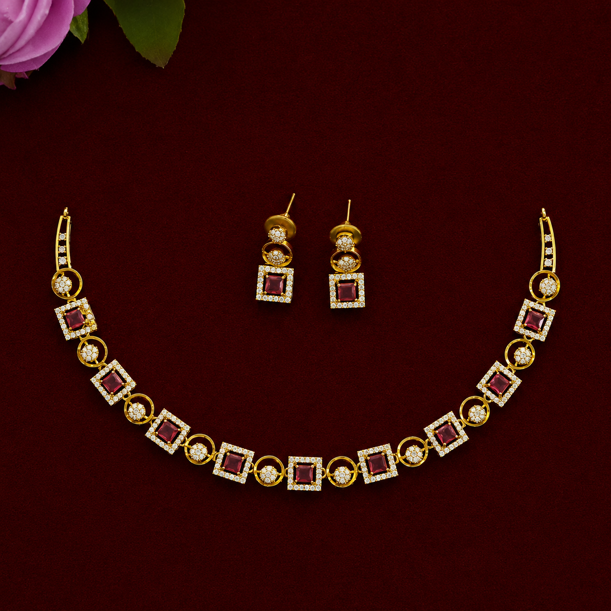 Ruby Geometric CZ Necklace Set