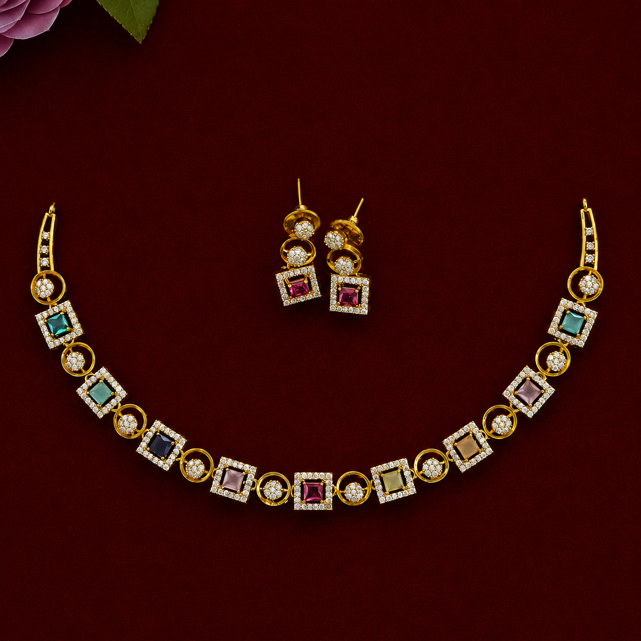 Pastel Prism Geometric CZ Necklace Set