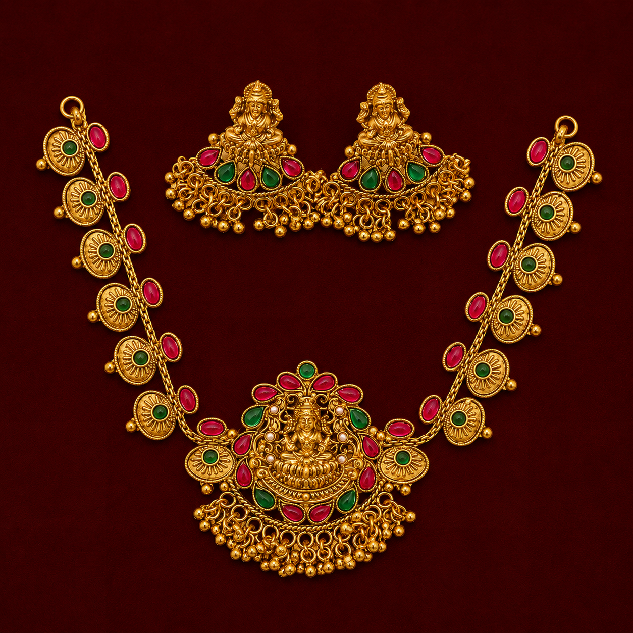 Lakshmi Ruby Emerald Antique Necklace Set