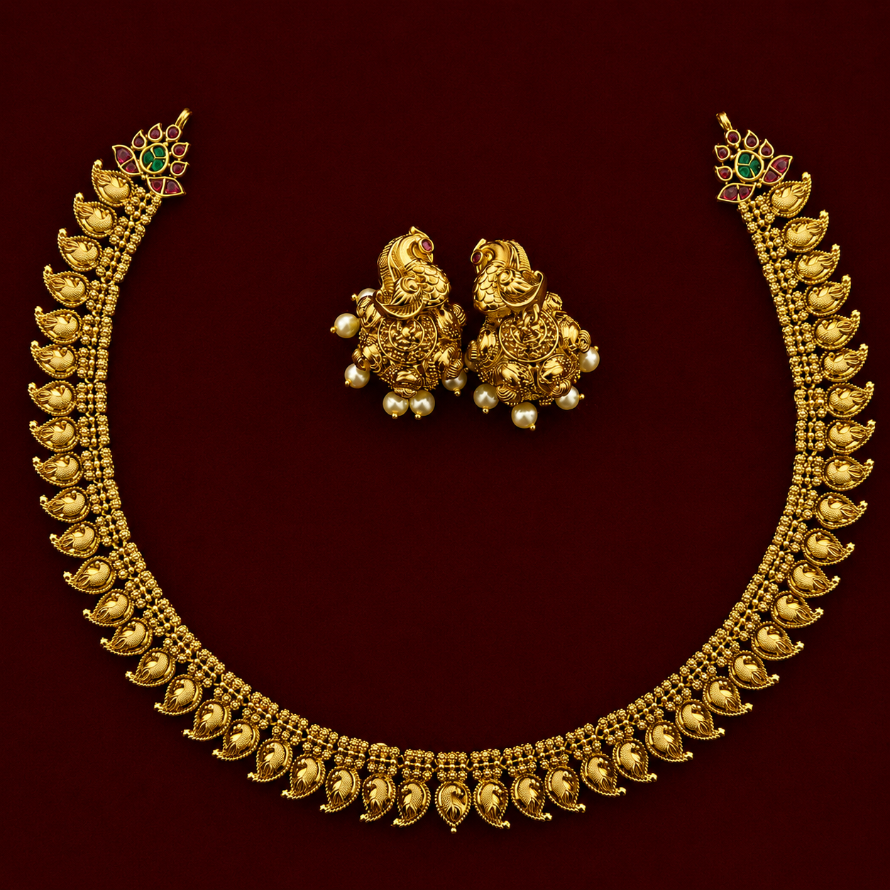 Peacock Paisley Necklace set with Jhumkas