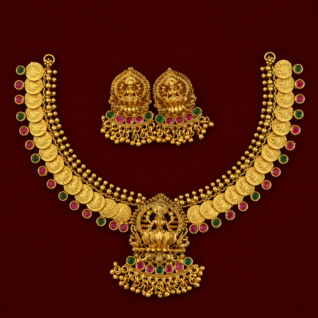 Lakshmi Coin Ruby Antique Necklace Set