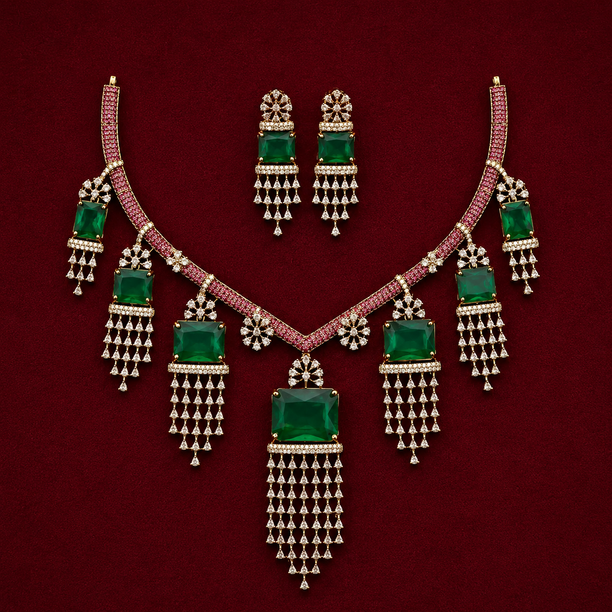 Green Stone CZ Drop Necklace Set