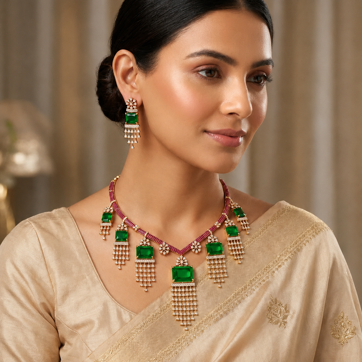 Green Stone CZ Drop Necklace Set