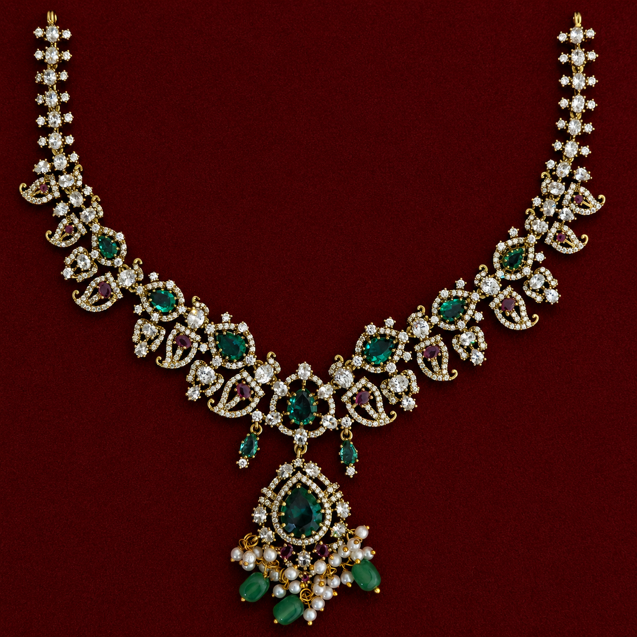 Emerald Pearl CZ Necklace Set