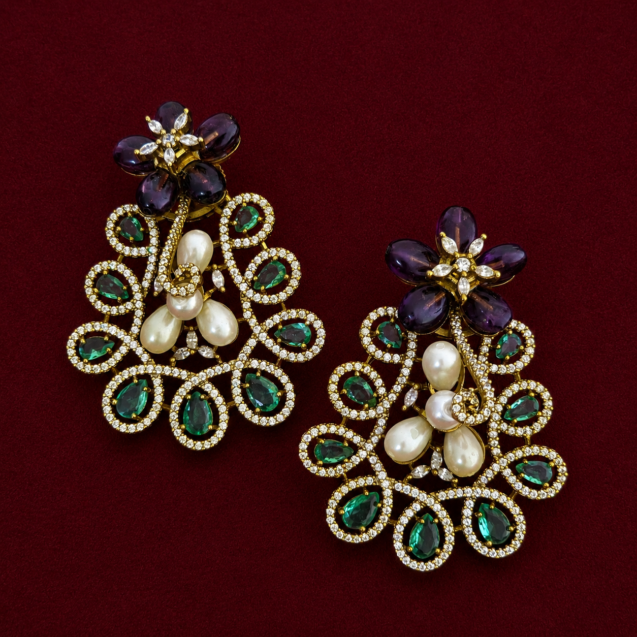 Emerald Pearl Floral Necklace Set
