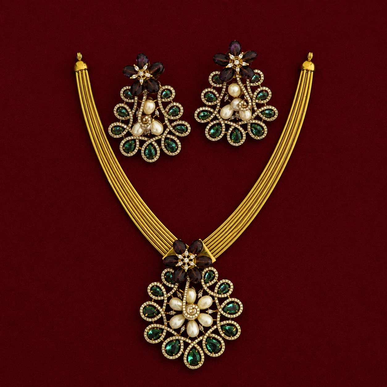 Emerald Pearl Floral Necklace Set