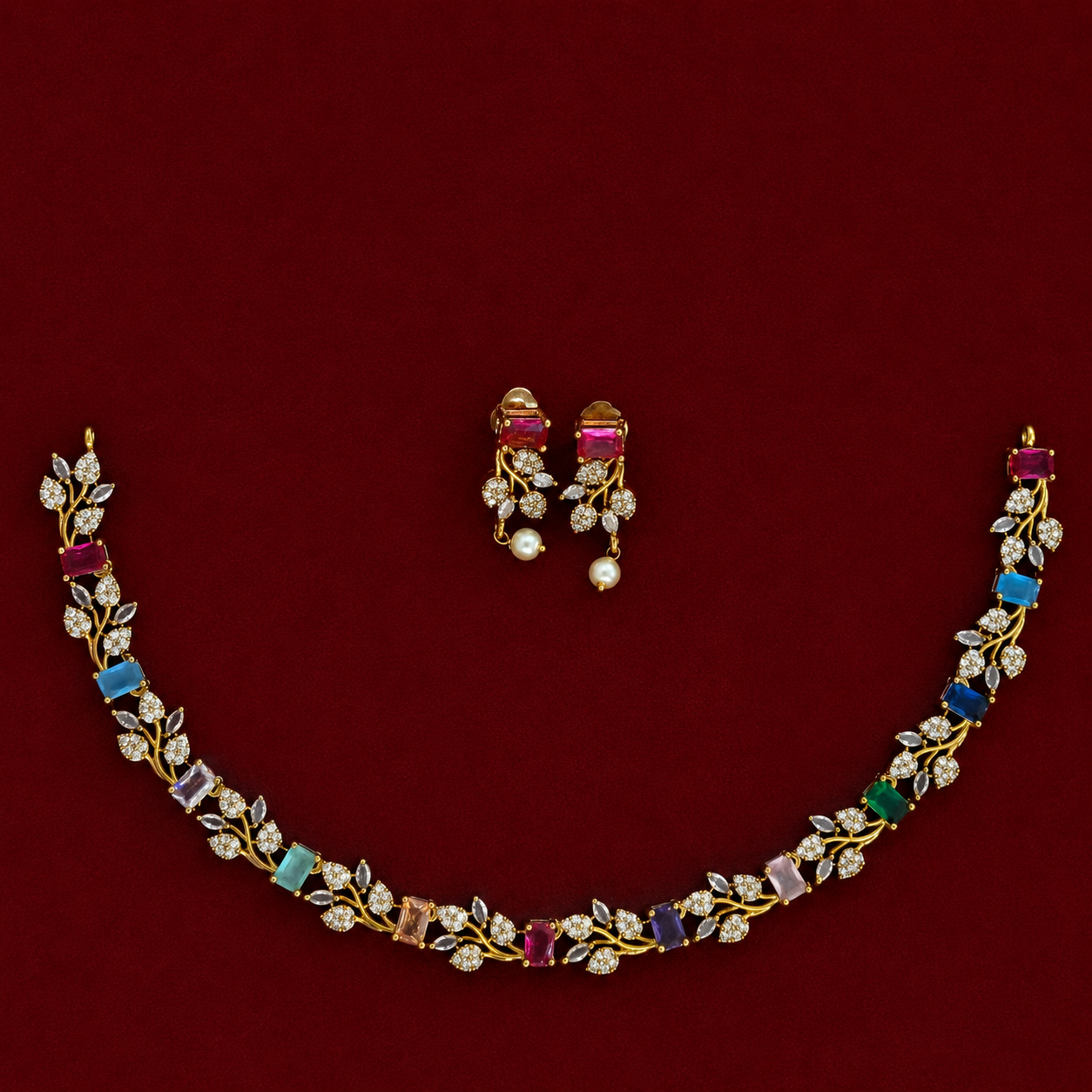 Rainbow Blossom CZ Necklace Set
