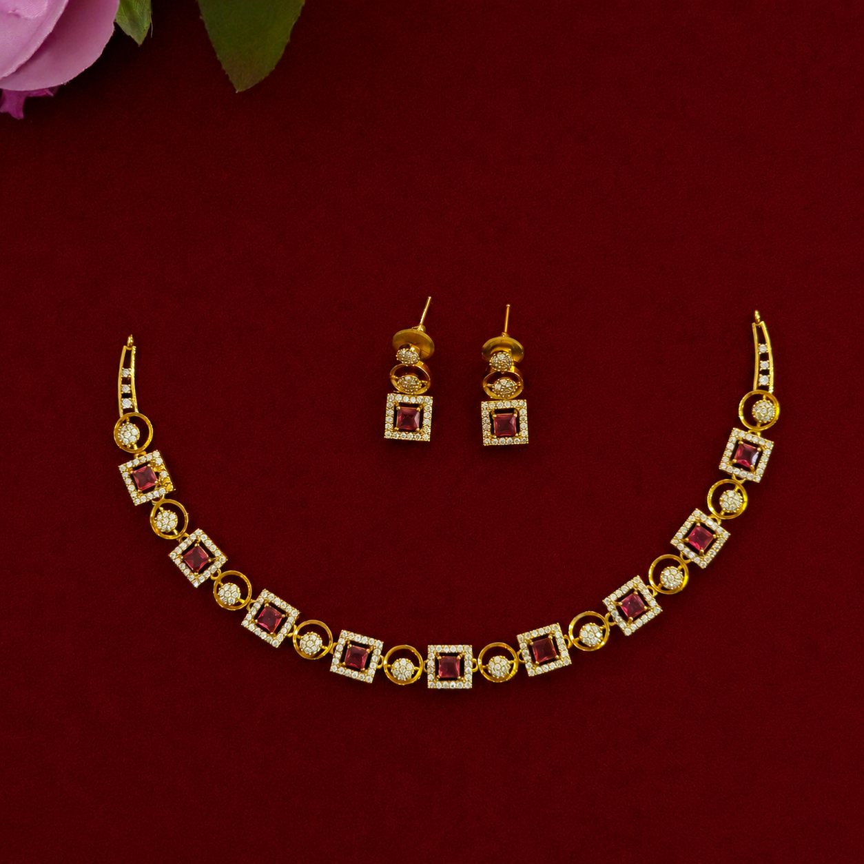 Ruby Geometric CZ Necklace Set