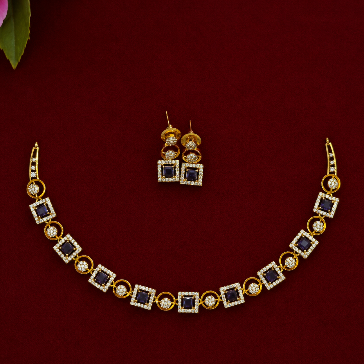 Sapphire Geometric CZ Necklace Set