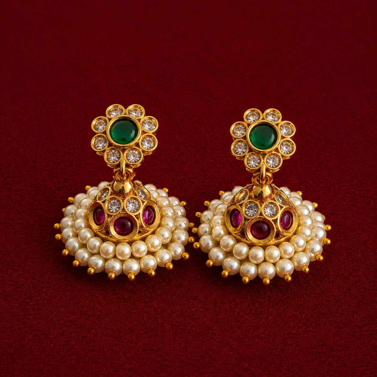 Ruby Emerald Pearl Jhumkas