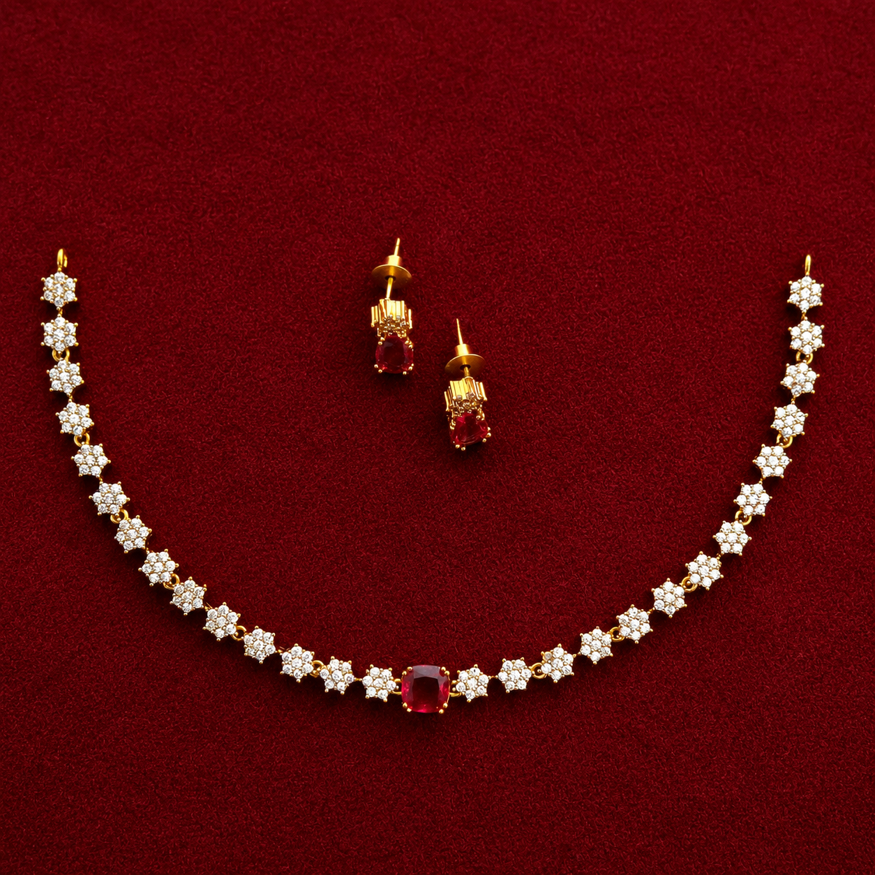 Ruby CZ Floral Necklace Set