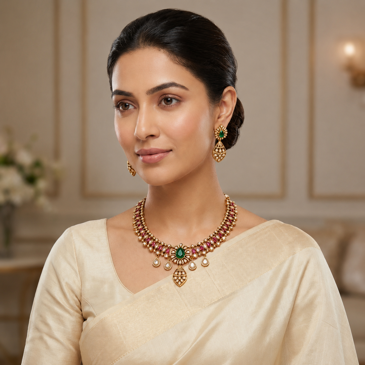 Emerald Ruby Kundan Necklace Set