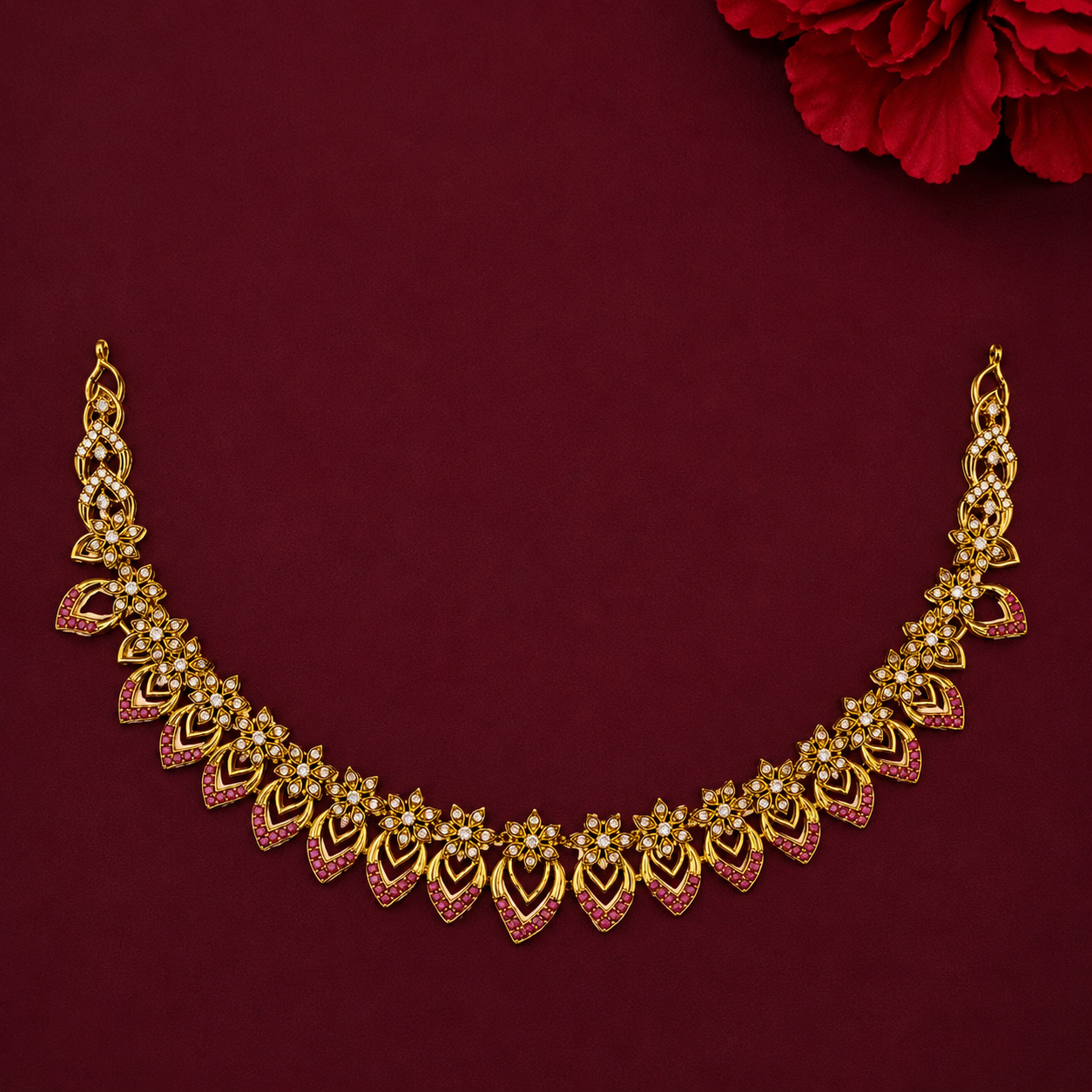 Ruby CZ Floral Leaf Necklace Set