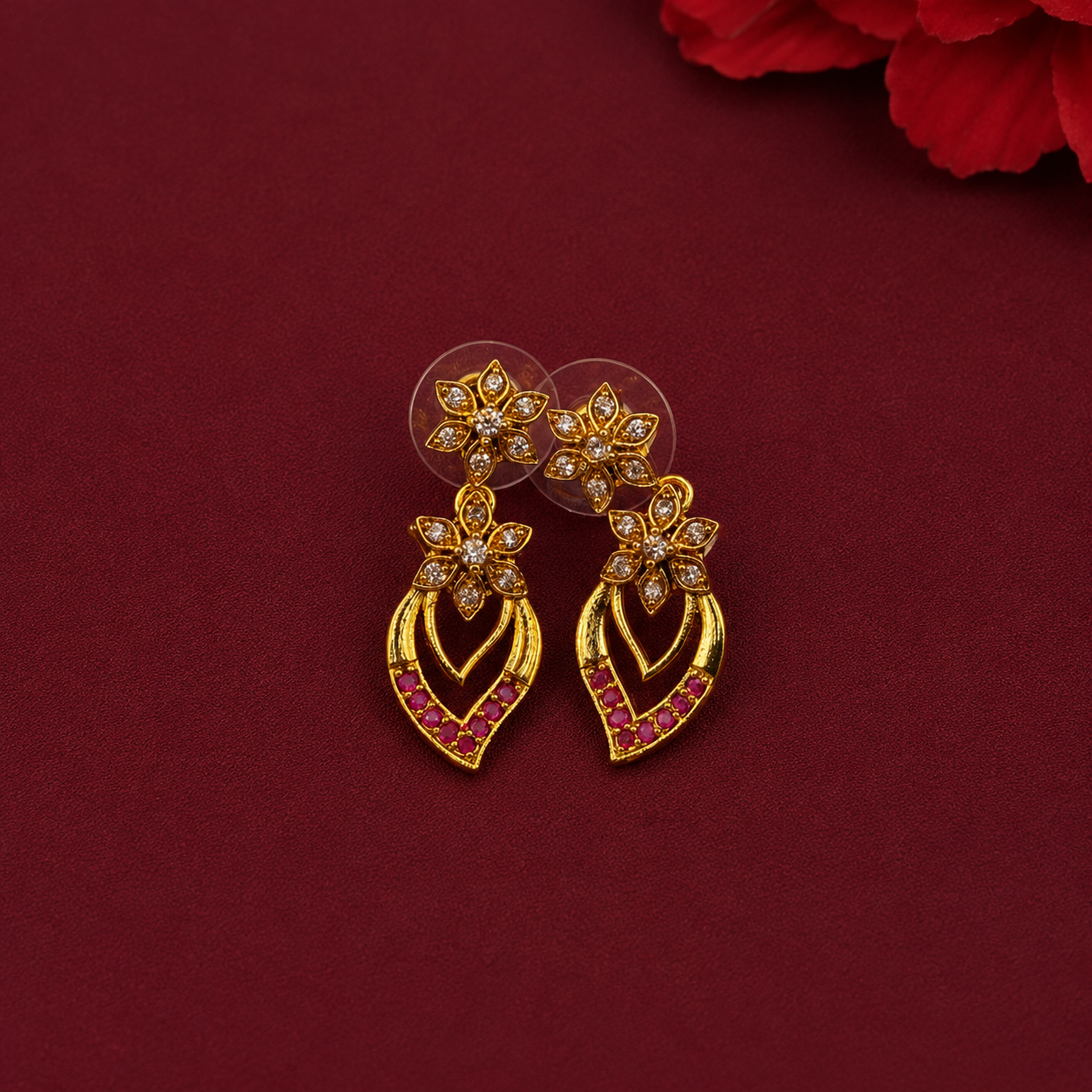 Ruby CZ Floral Leaf Necklace Set