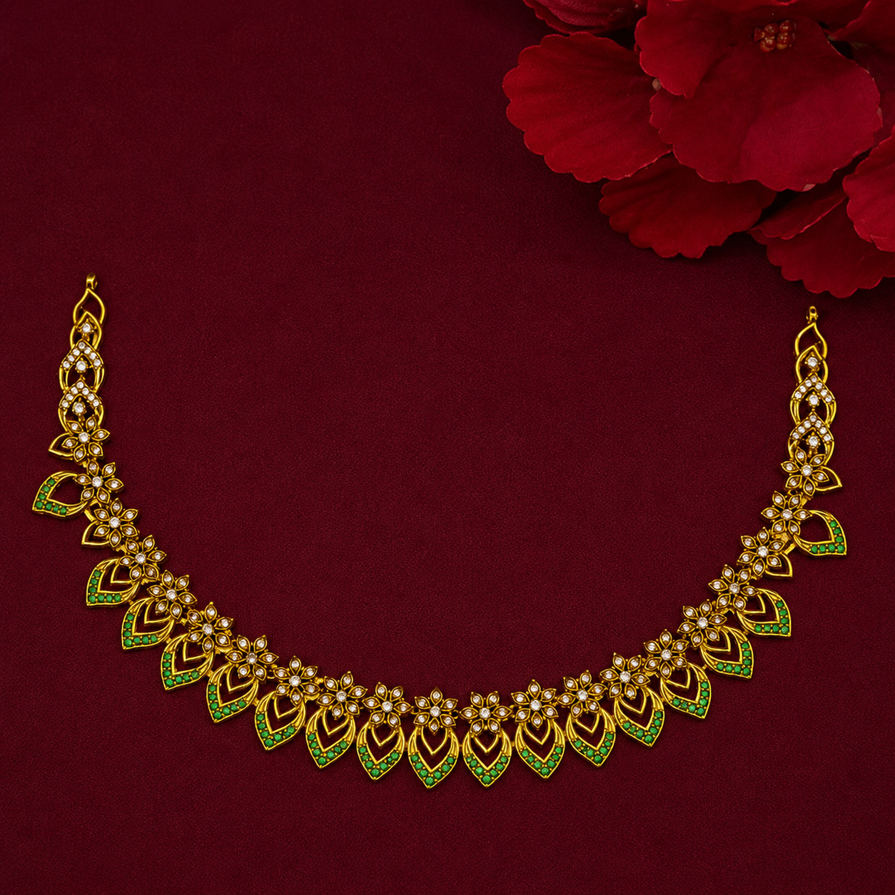 Emerald CZ Floral Leaf Necklace Set